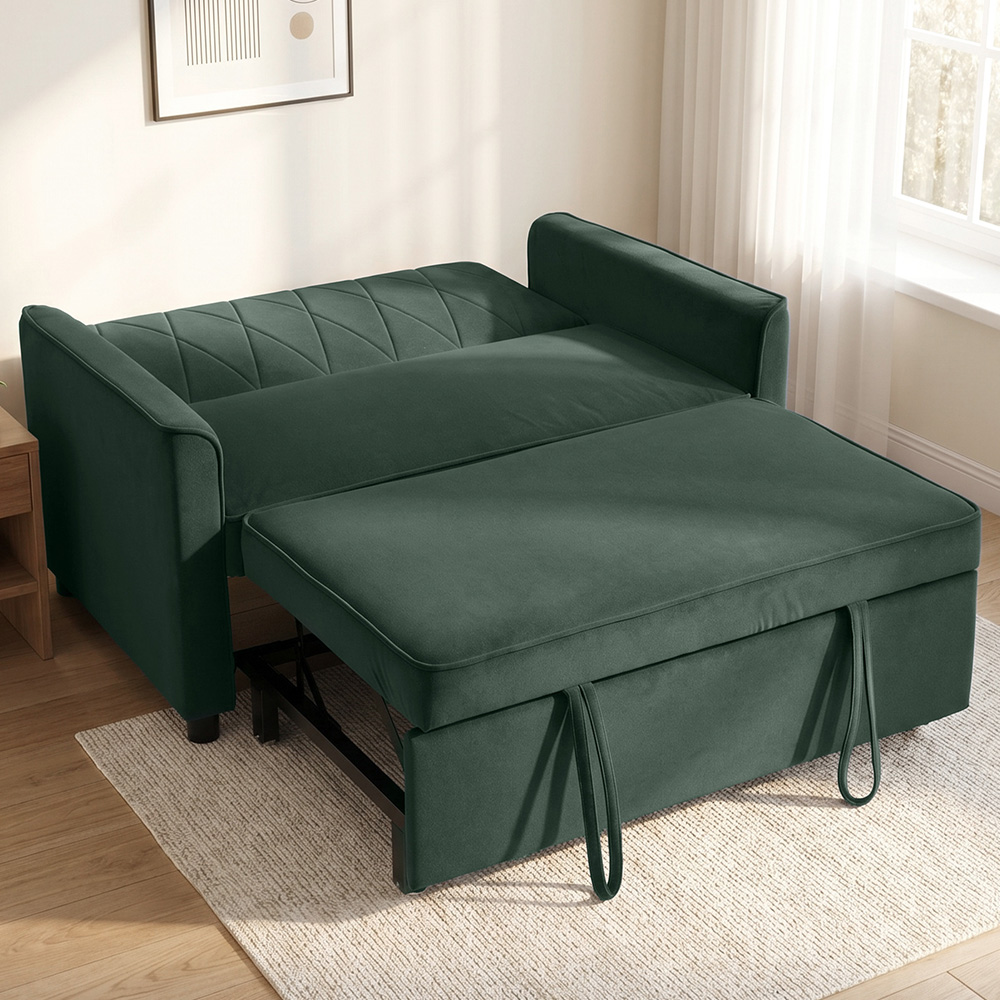 HOMCOM 3-in-1 2 Seater Dark Green Velvet Pull Out Sofa Bed Image