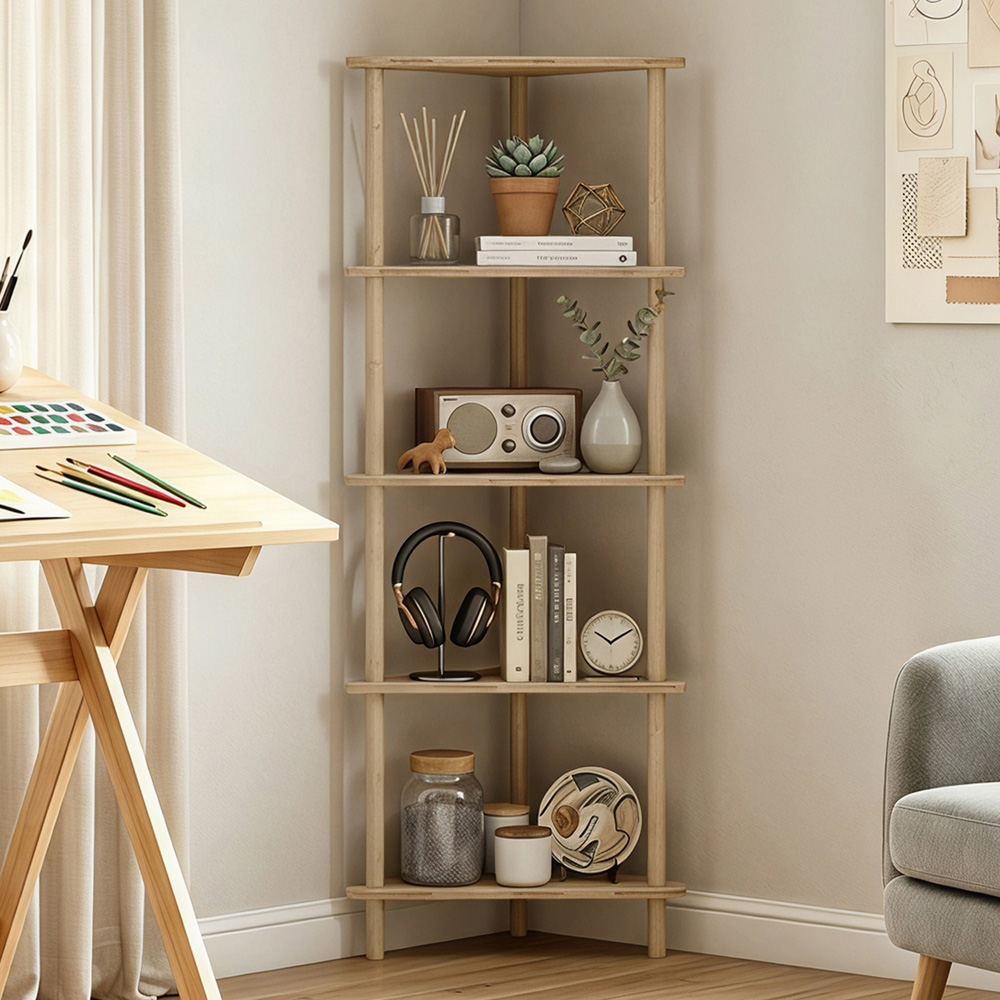 HOMCOM 4 Shelf Natural Wood Finish Corner Storage Unit Image 2