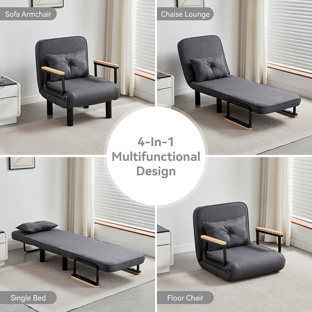 Single Seater Grey 4-in-1 Foldable Sofa Bed with Adjustable Backrest and Large Cushion Image 4