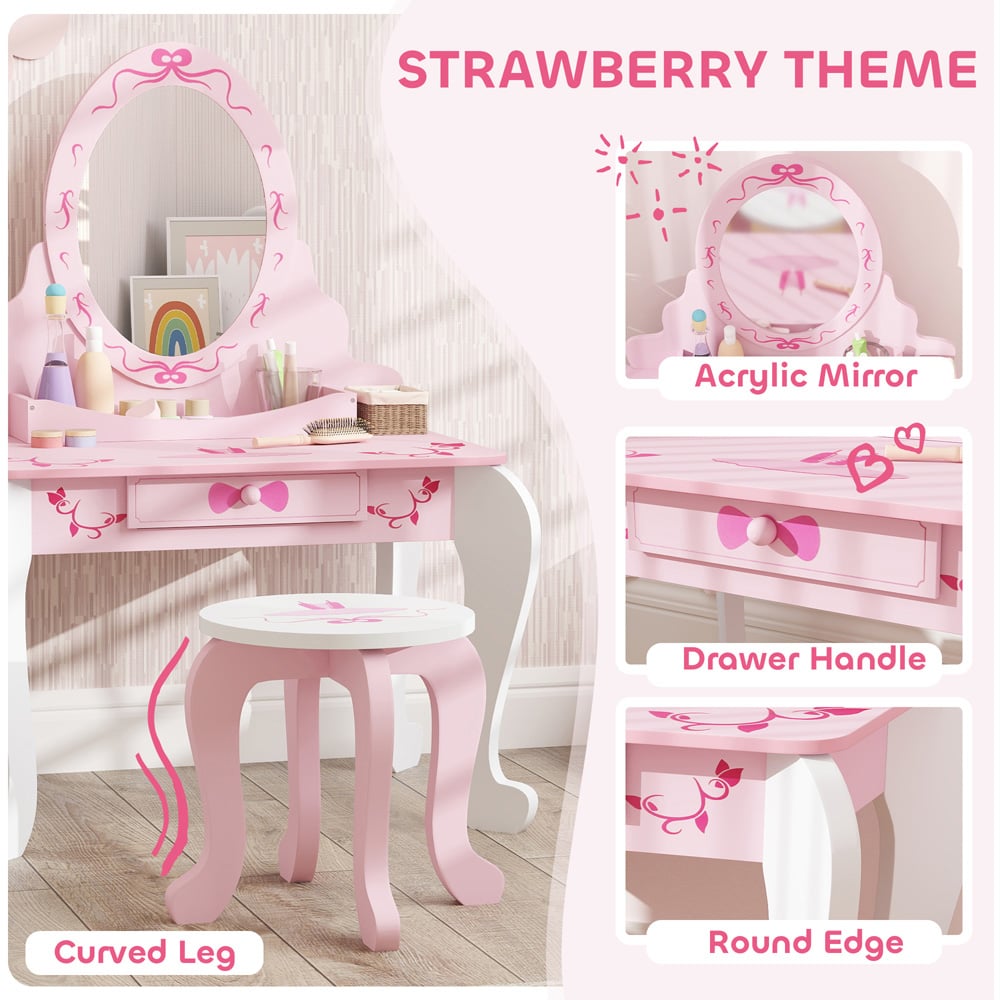 AIYAPLAY 2 Piece Pink Round Mirror Kids Dressing Table Set Image 6
