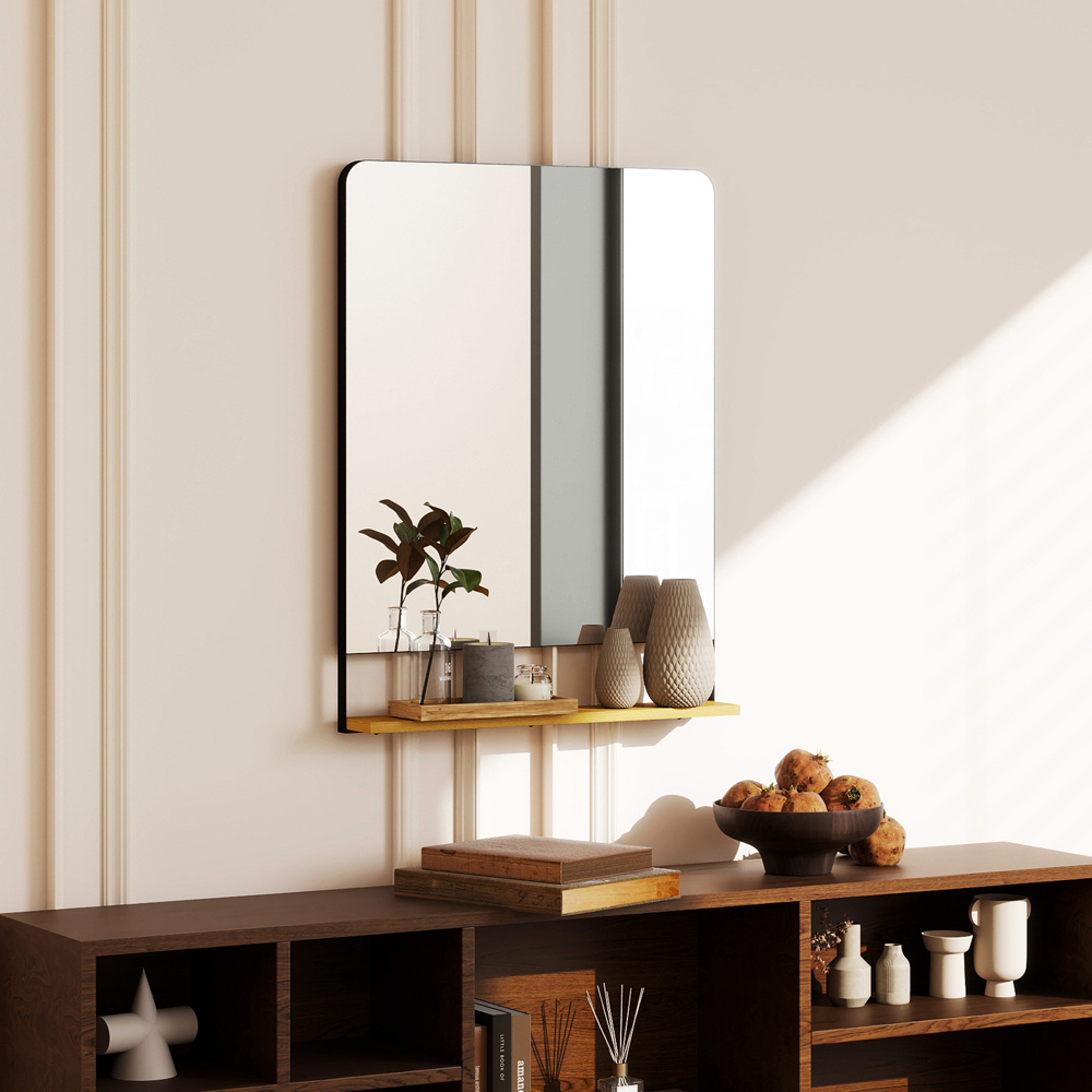 Portland Black Metal Frame Industrial Wall Mirror with Wood Shelf 80 x 60cm Image 2
