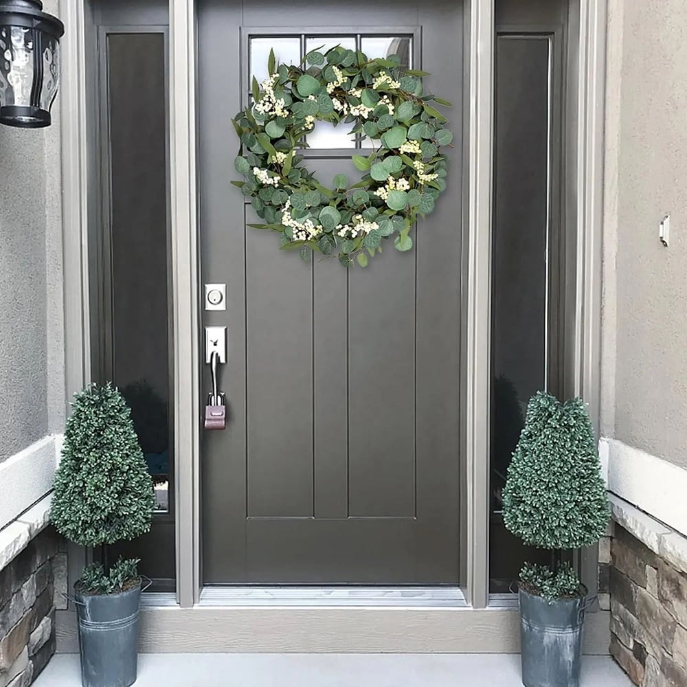 Living and Home Green and White Eucalyptus Leaf Artificial Topiary Wreath 55cm Image 2