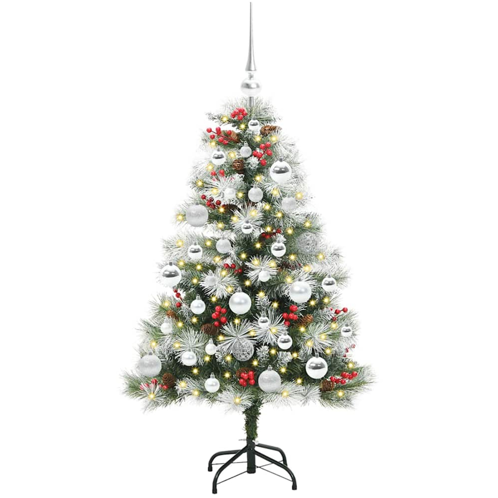 vidaXL Pre-Lit Silver Baubles Green Artificial Snow Flocked Christmas Tree 4ft Image 1