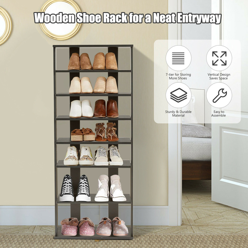 Costway 7 Shelf Black Wooden Vertical Shoe Rack Image 3