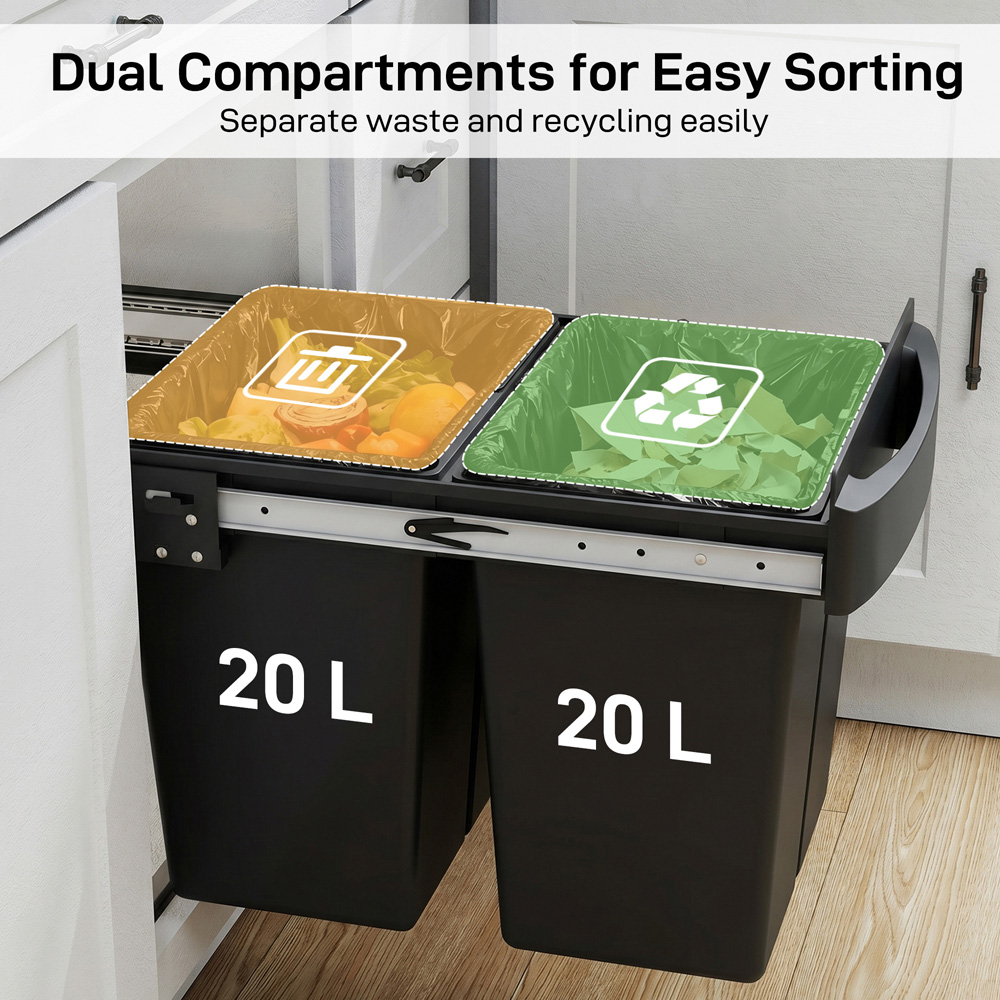 HOMCOM 2 Compartment Black Steel Pull Out Kitchen Recycling Cupboard Bin 40L Image 4