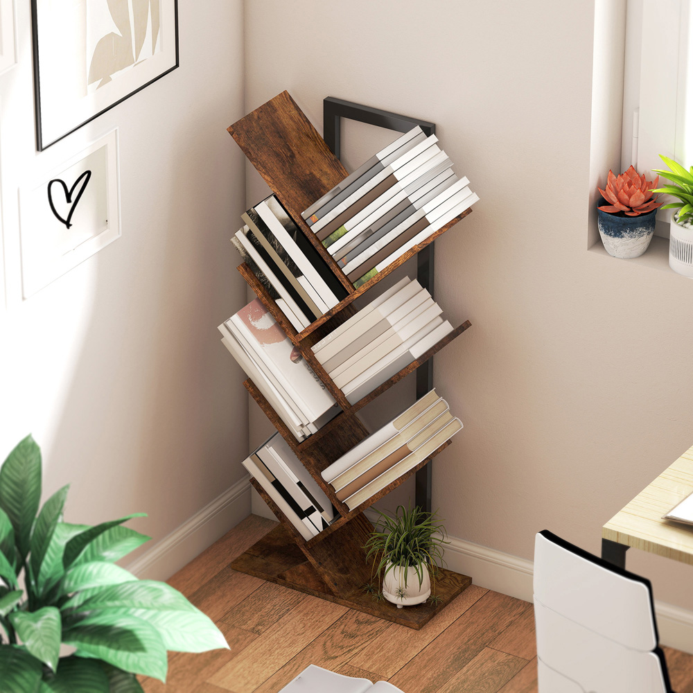 HOMCOM 6 Shelf Rustic Brown Steel Frame Tree Bookshelf Image 7