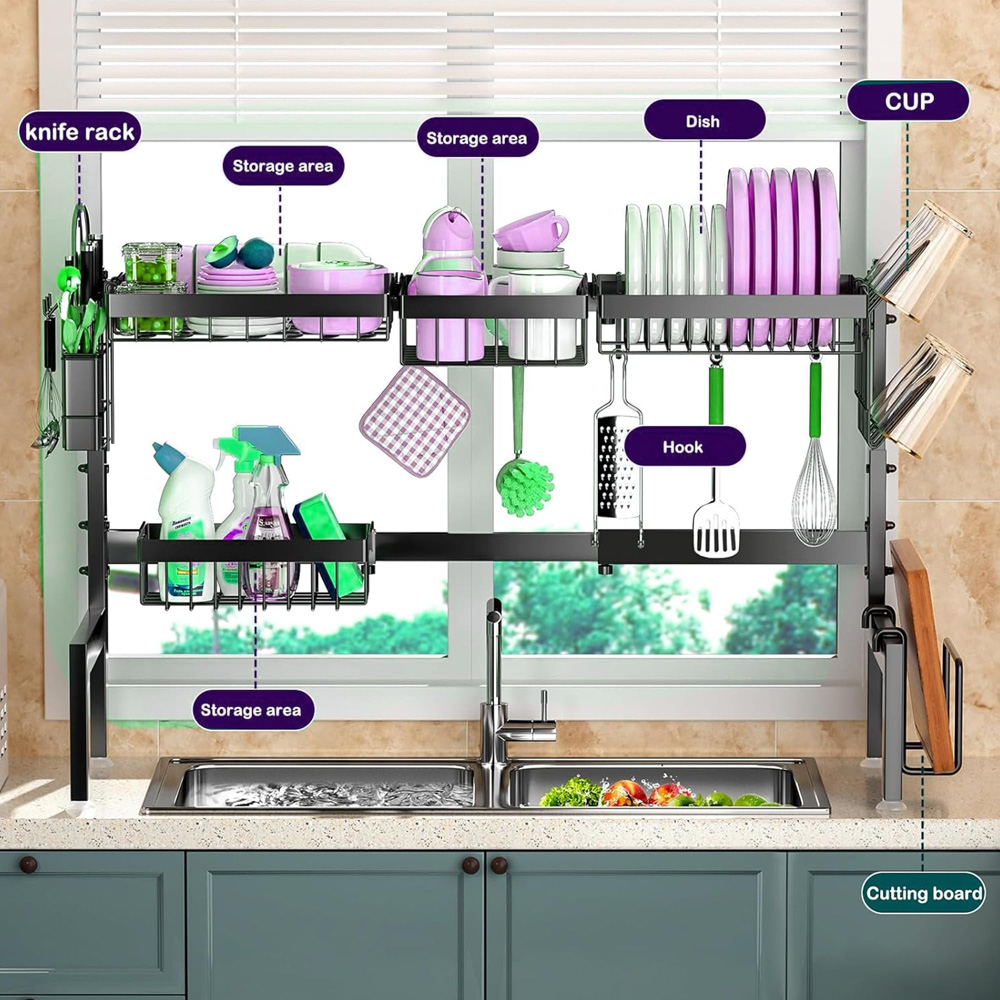 ATEK 2-Tier Black Adjustable Over Sink Kitchen Dish Drying Rack Image 5