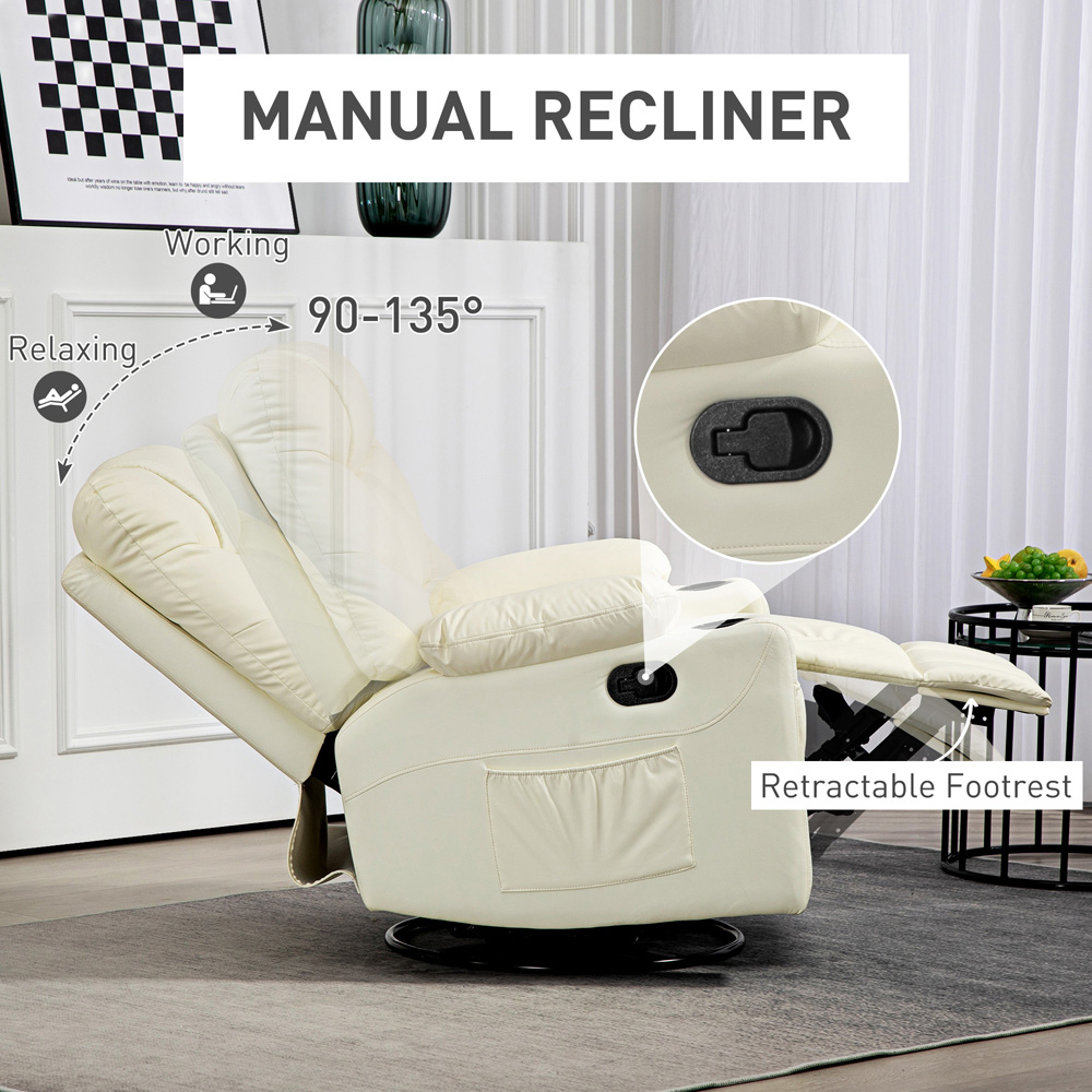 HOMCOM Cream White PU Leather Swivel Manual Recliner Armchair with Adjustable Leg Rest Image 5