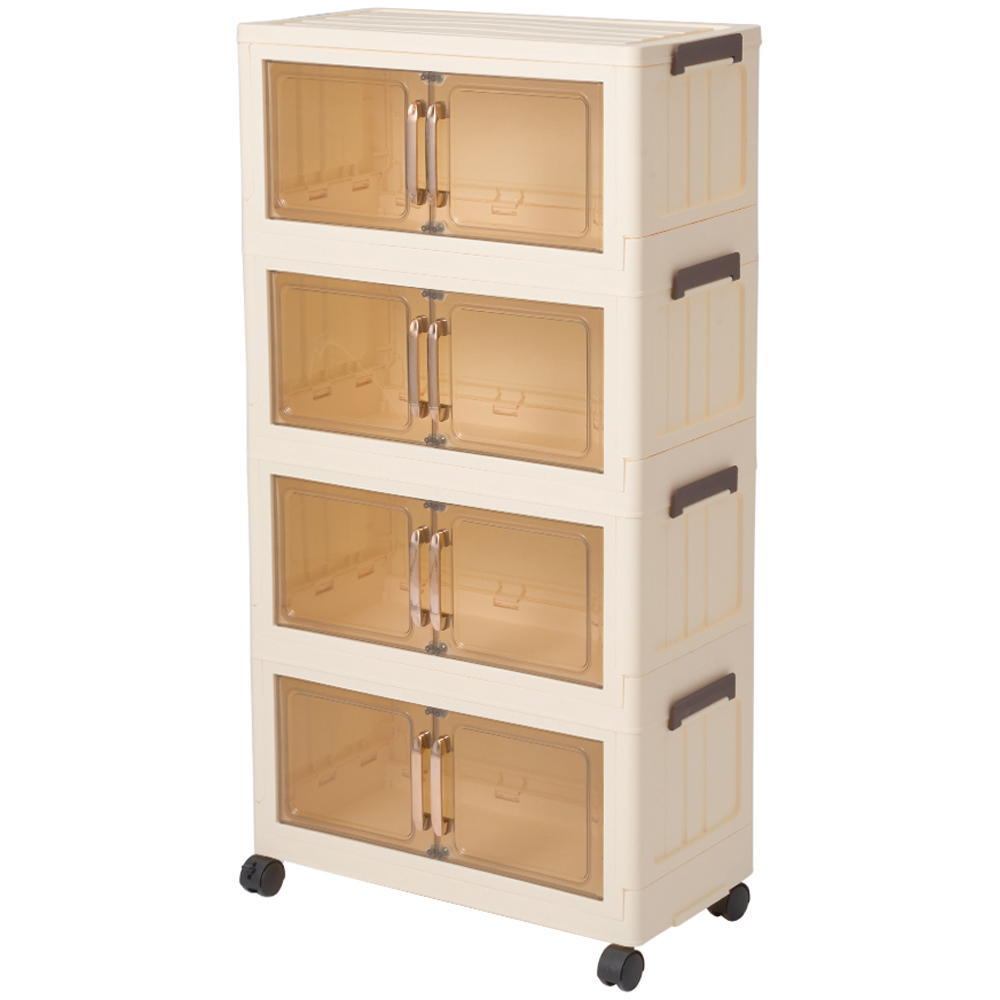 Living and Home 4 Tier Cream Clear Foldable Rolling Plastic Storage Cabinet Image 1