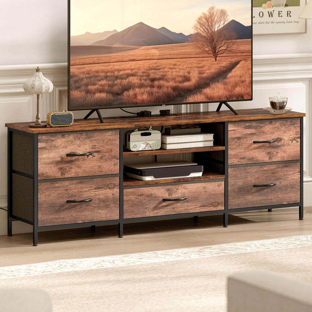 Portland 5 Drawer 2 Shelf Rustic Brown TV Unit with Charging Station Image 1