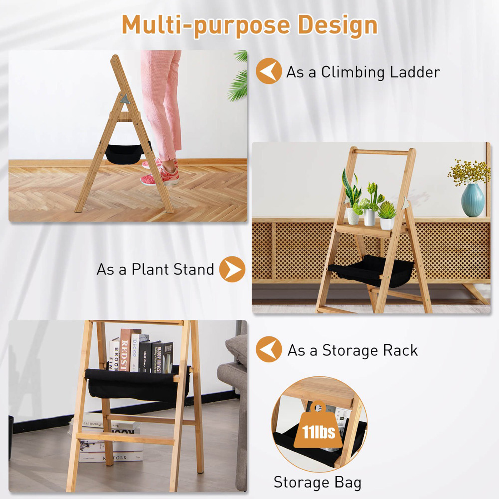 Costway 2 Step Bamboo Portable Folding Stool with Storage Shelf Image 7