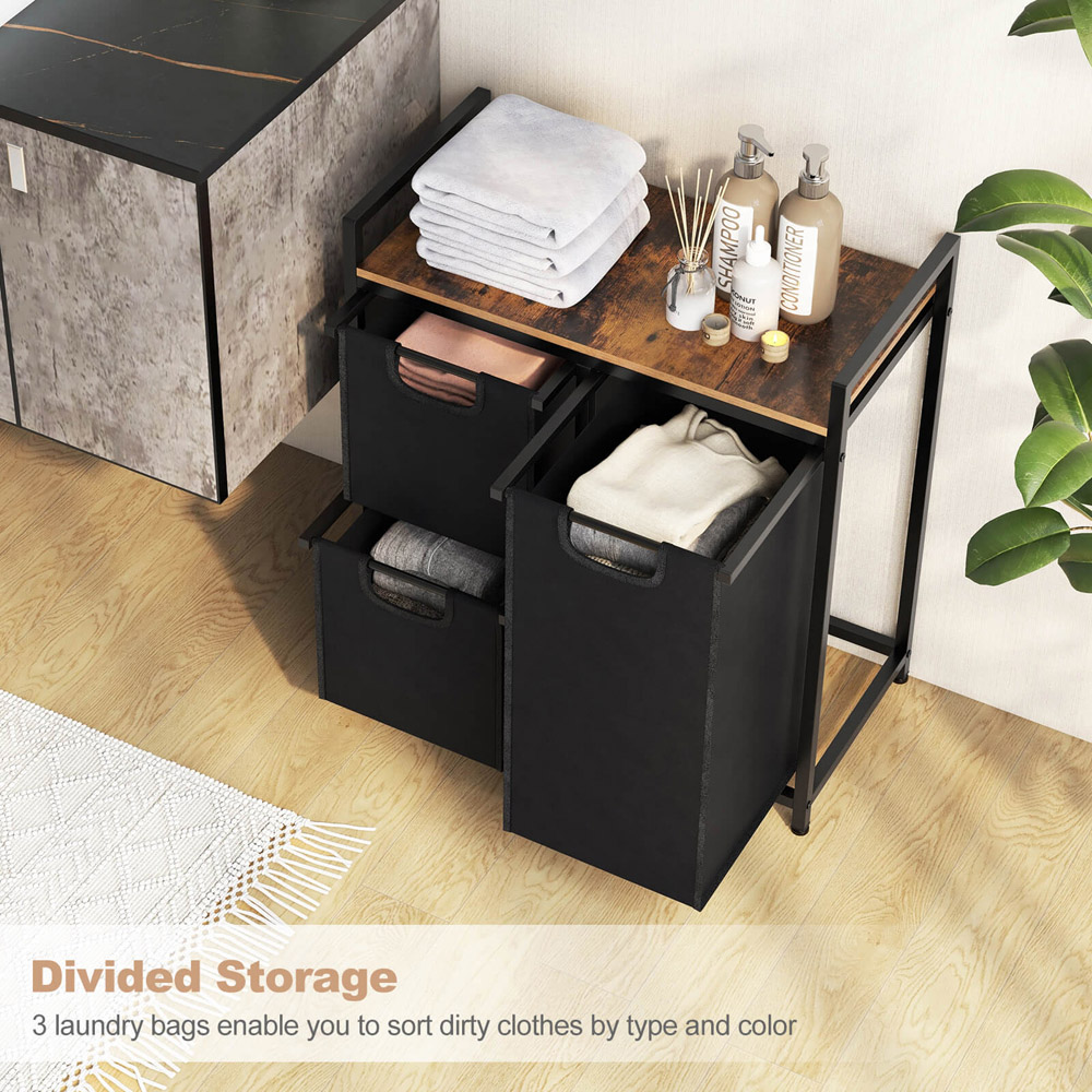 Costway Black and Brown Laundry Hamper with 3 Removable Bags Image 4