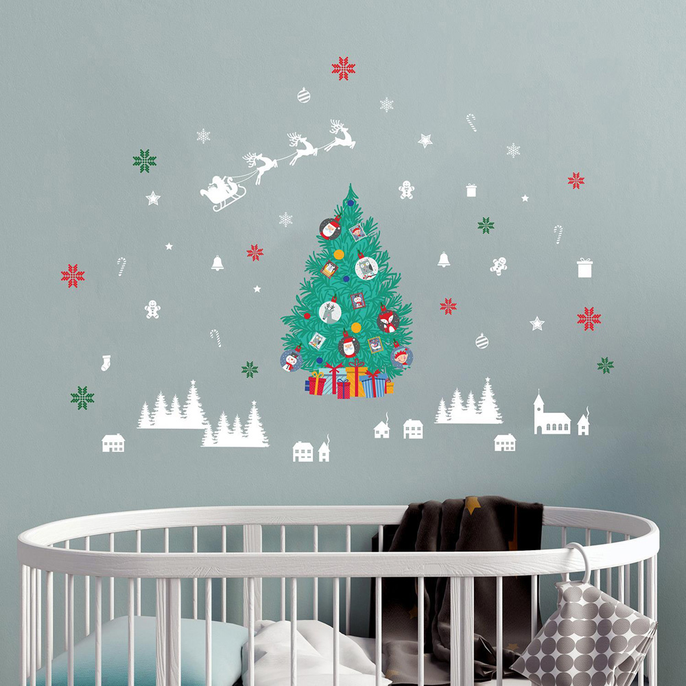 Walplus Magical Christmas Tree and Village Self Adhesive Wall Stickers 58 Piece Image 1