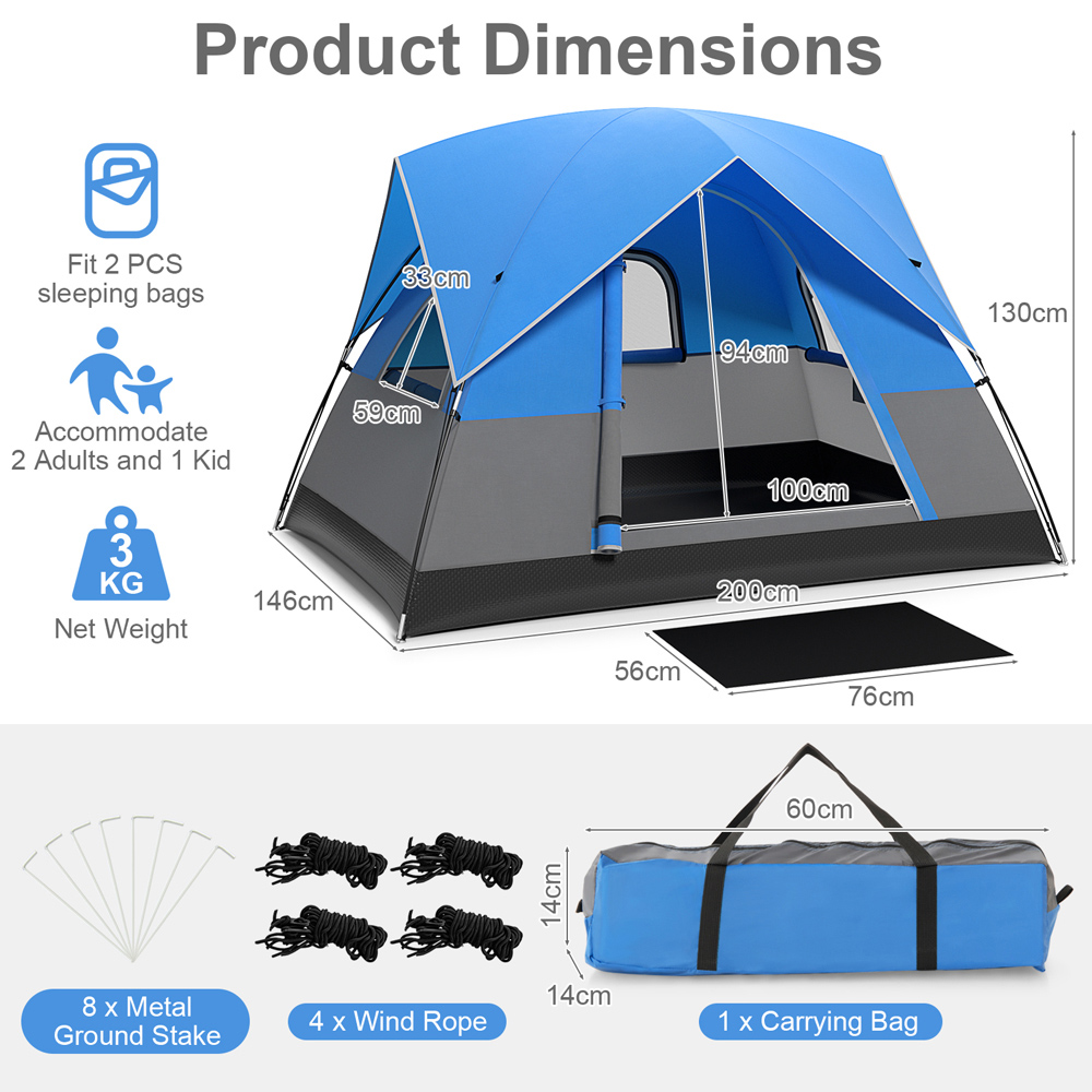 Costway Blue 3 Seater Outdoor Camping Tent with Removable Floor Image 9