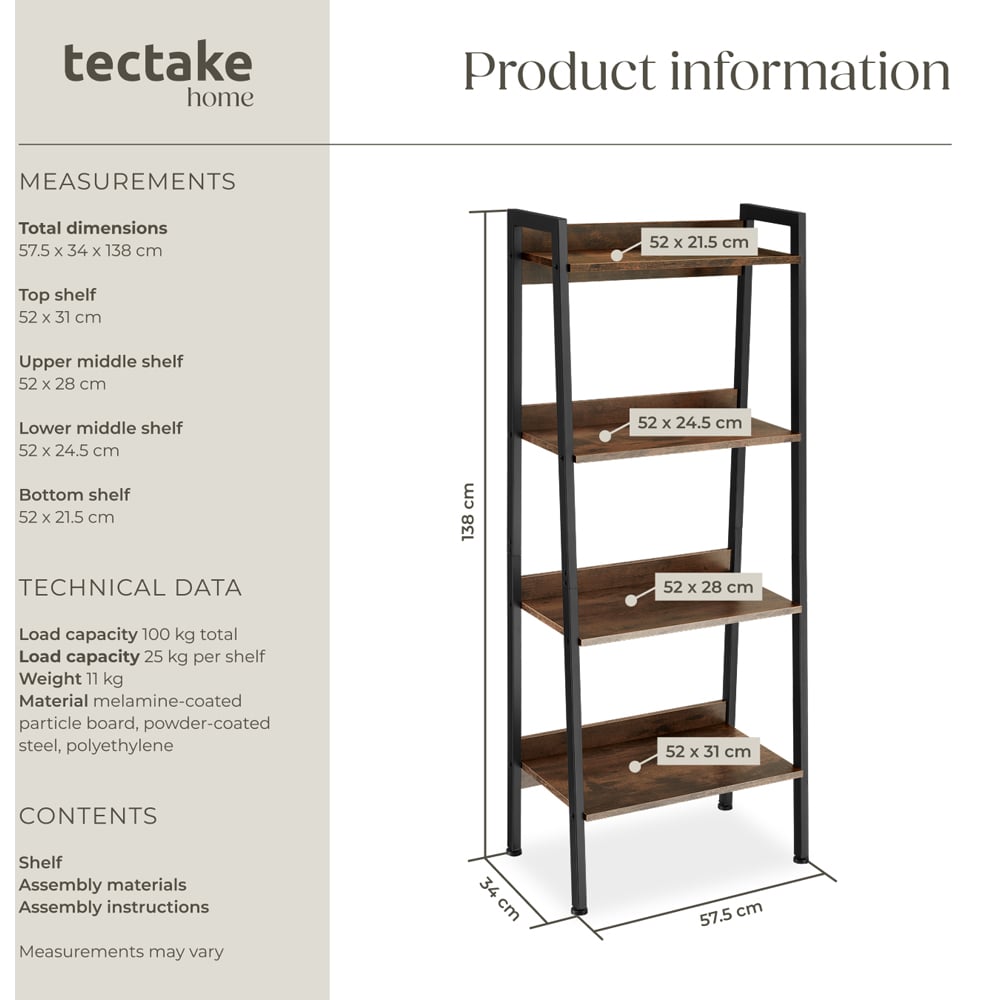 tectake 5 Shelf Dark Wood Shelving Unit 34 x 57.5 x 138cm Image 9