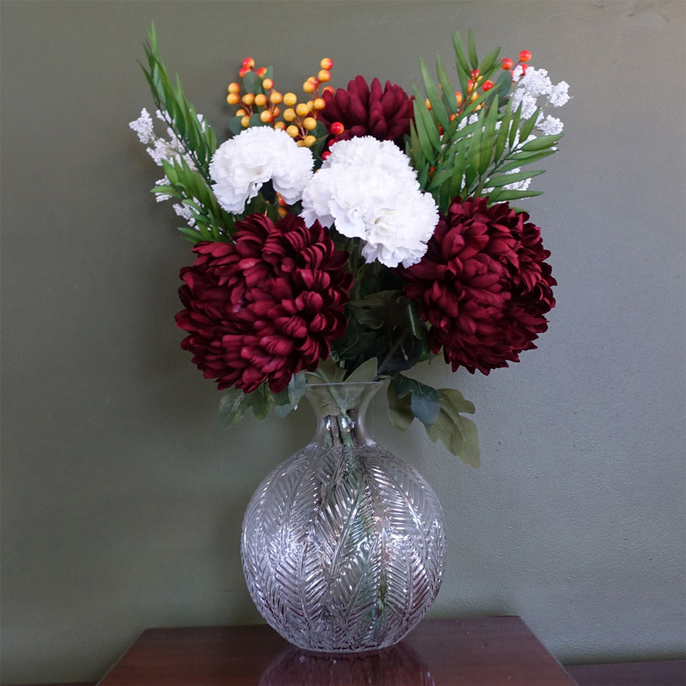 Leaf Artificial Red Chrysanthemum in Glass Ball Vase 70cm Image 2
