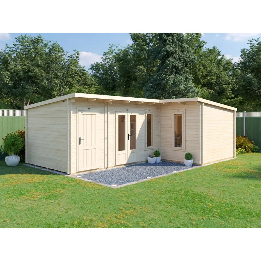 Dunster House HellWolf 25 x 16ft Brown L-Shaped Double Glazed Pent Garden Log Cabin Image 2