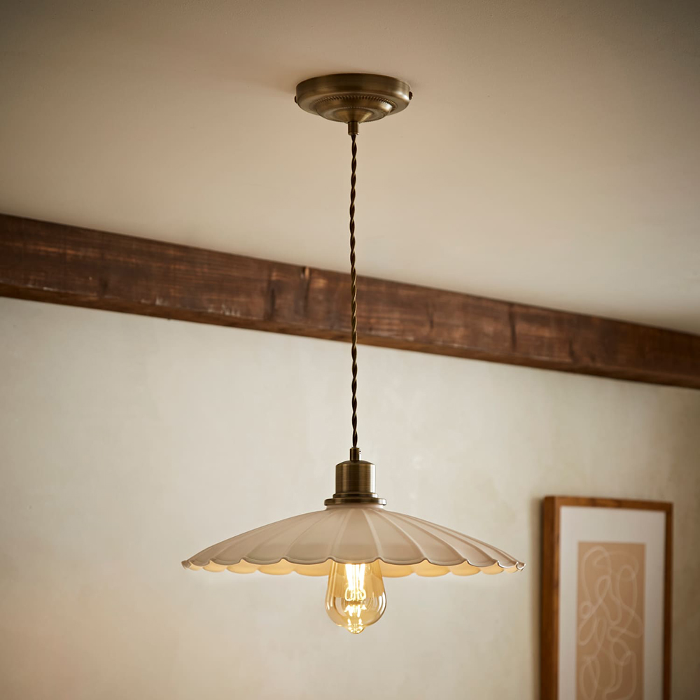 ValueLights Holborn Cream Scallop Metal Shade Brushed Gold Pendant Light with Bulb Image 2