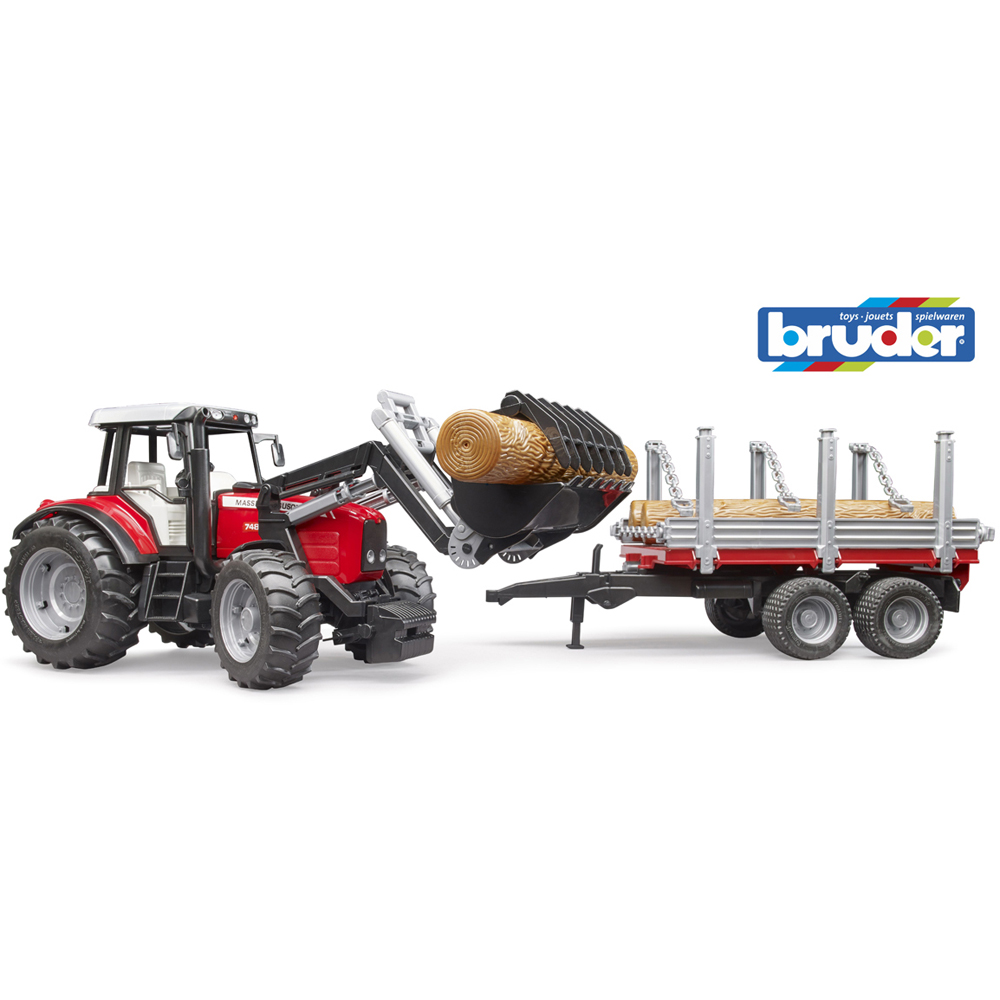 Bruder Kids Massey Ferguson 7480 Tractor Playset Model with Frontloader and Timber Trailer Image 6