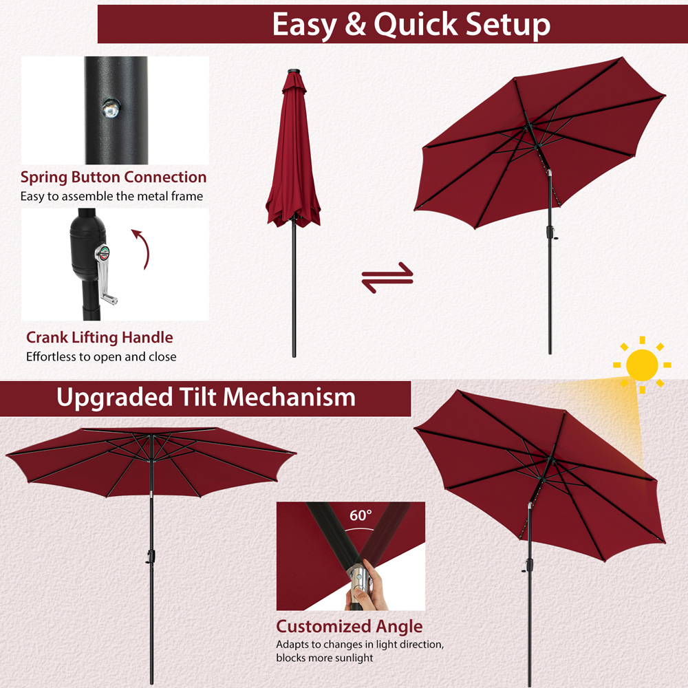 Costway Wine Patio Umbrella with Tilt Crank Handle 3m Image 5