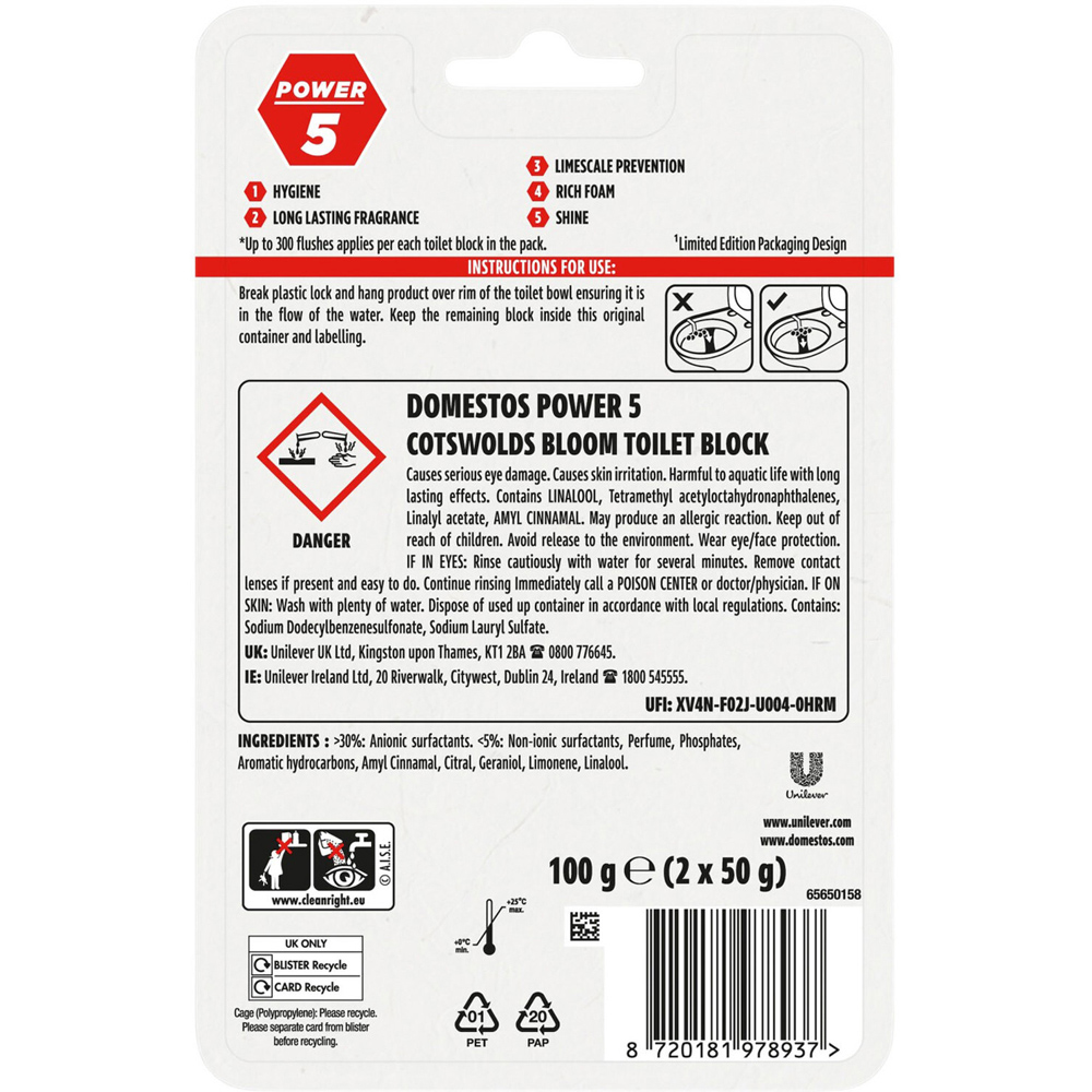 Pack of 2 Domestos Power 5 Rim Blocks Cotswolds Bloom Image 2