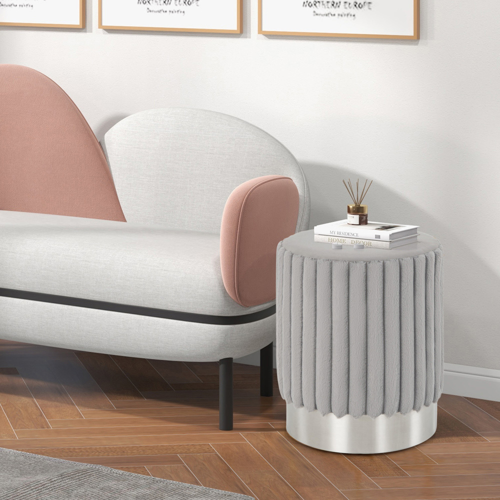 Costway Grey Plush Velvet Upholstered Round Ottoman Image 5