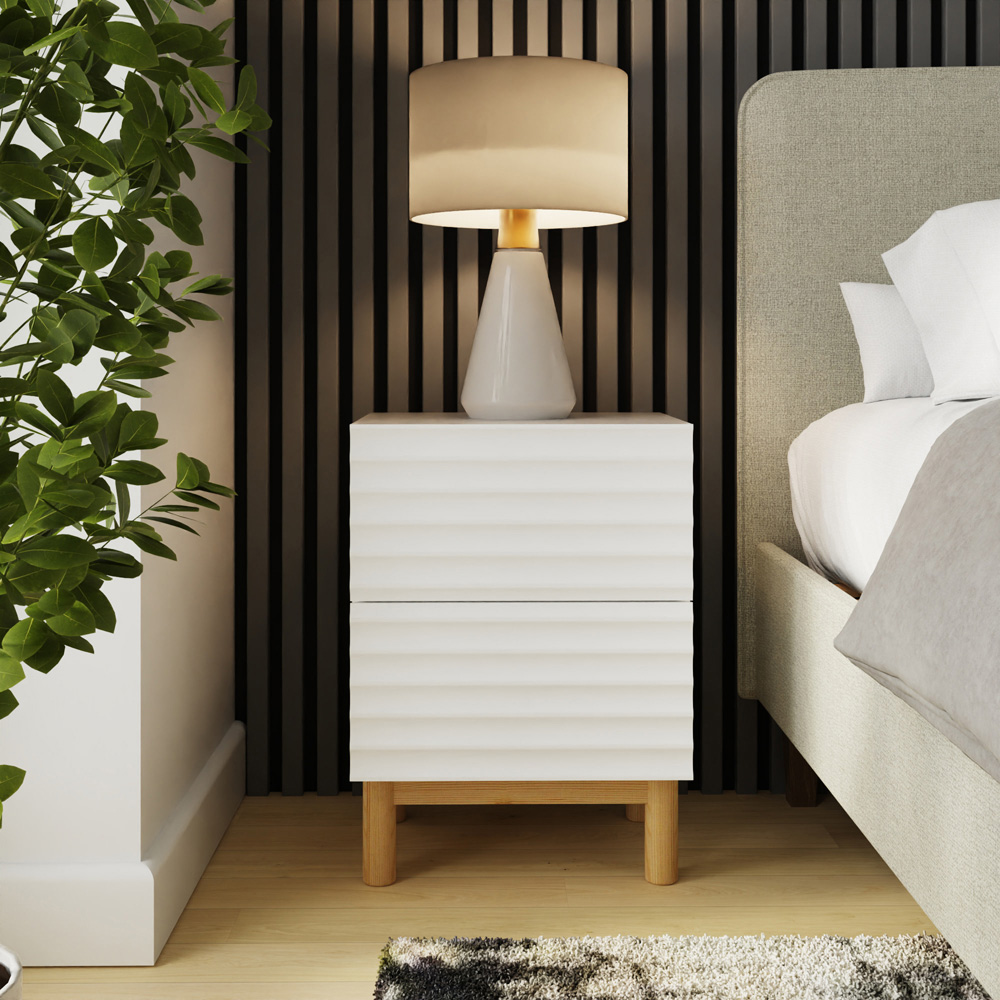 GFW Karla 2 Drawer White Ribbed Bedside Table Image 7