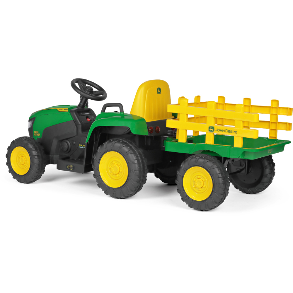 PEG John Deere Farm Power Kids Electric Ride-On Tractor with Trailer Green and Yellow 12V Image 6