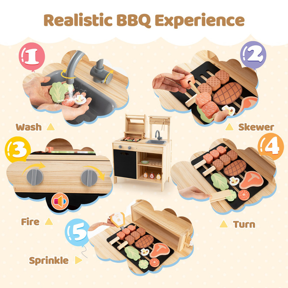 Costway Kids Natural Wooden Barbecue Grill Play Set with Chalkboard Image 6