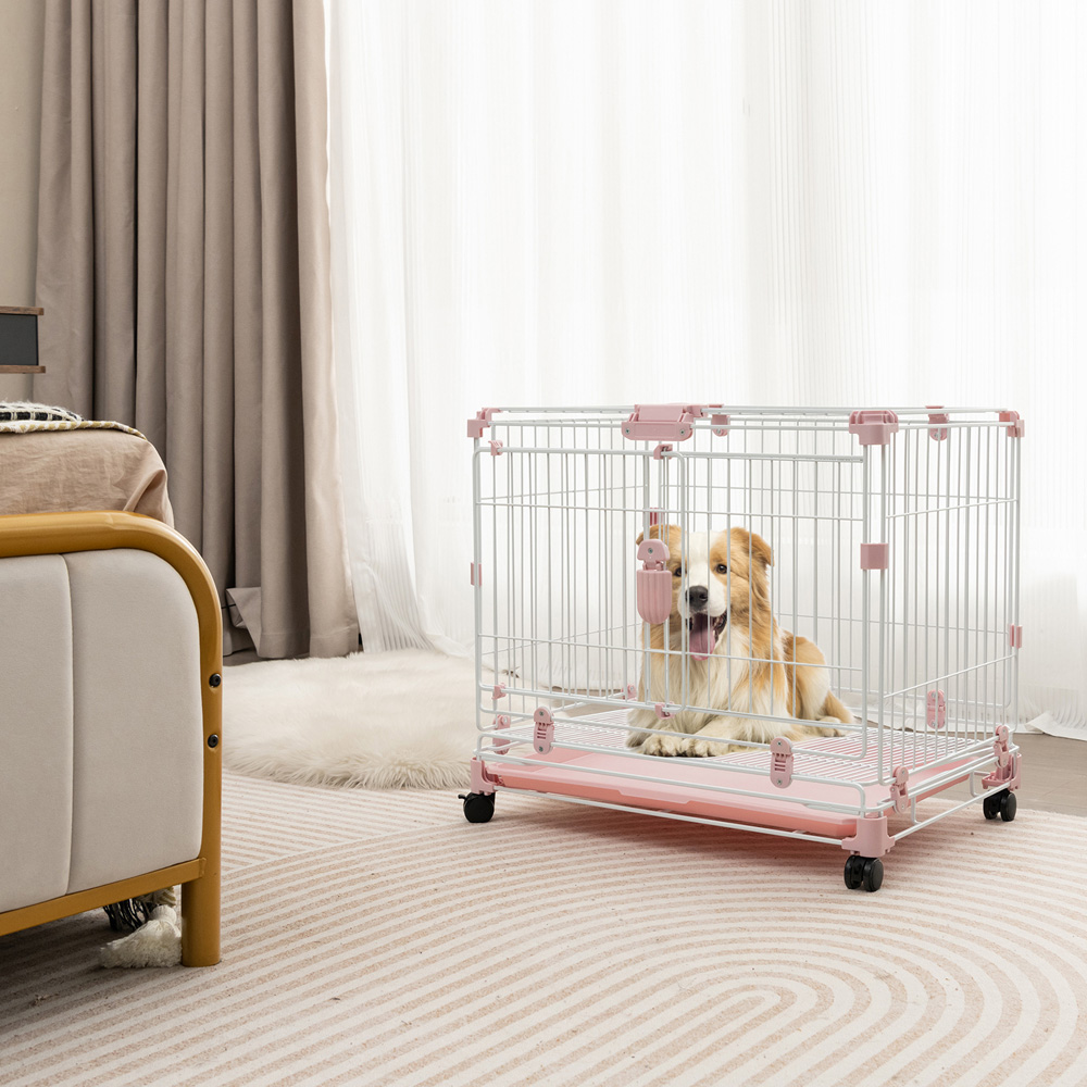 Costway Folding Dog Kennel with Double Lockable Door and Wheels Image 3