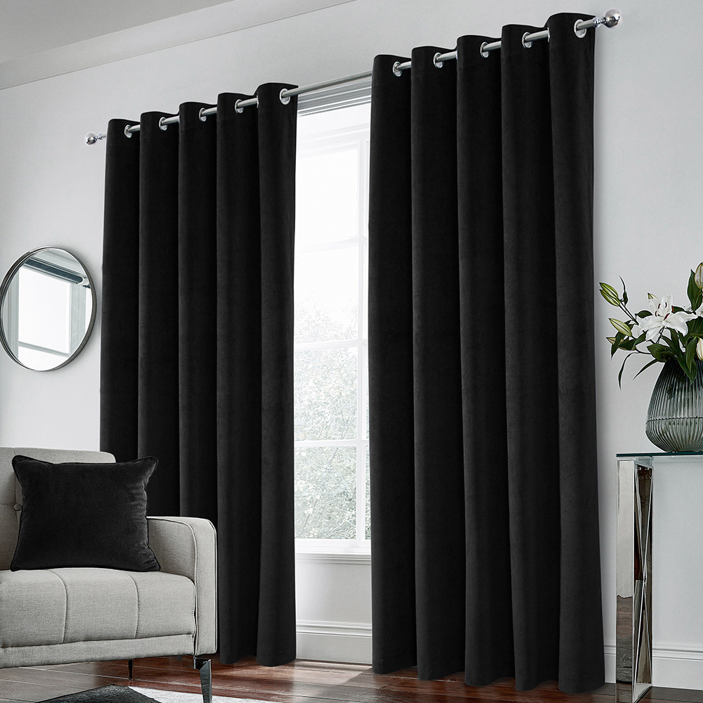 Enhanced Living Hampton Black Velvet Blackout Thermal Eyelet Curtain 168 x 137cm Image 1