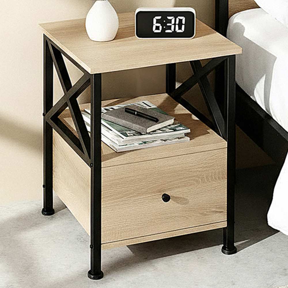 tectake Falkirk Single Drawer 2 Shelf Light Sonoma Oak Bedside Table Image 1