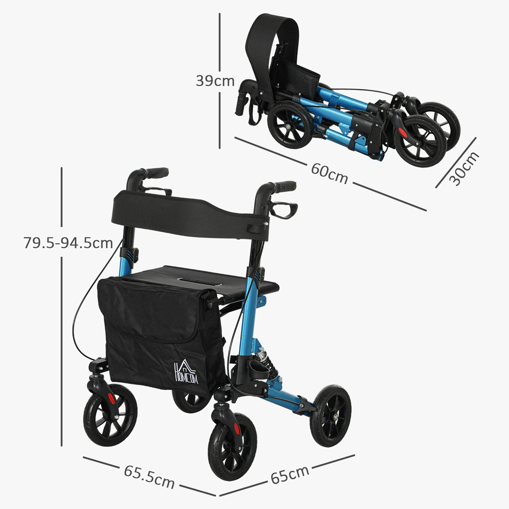 HOMCOM Blue 4-Wheel Foldable Rollator Walker with Suspension Seat and Storage Bag Image 9