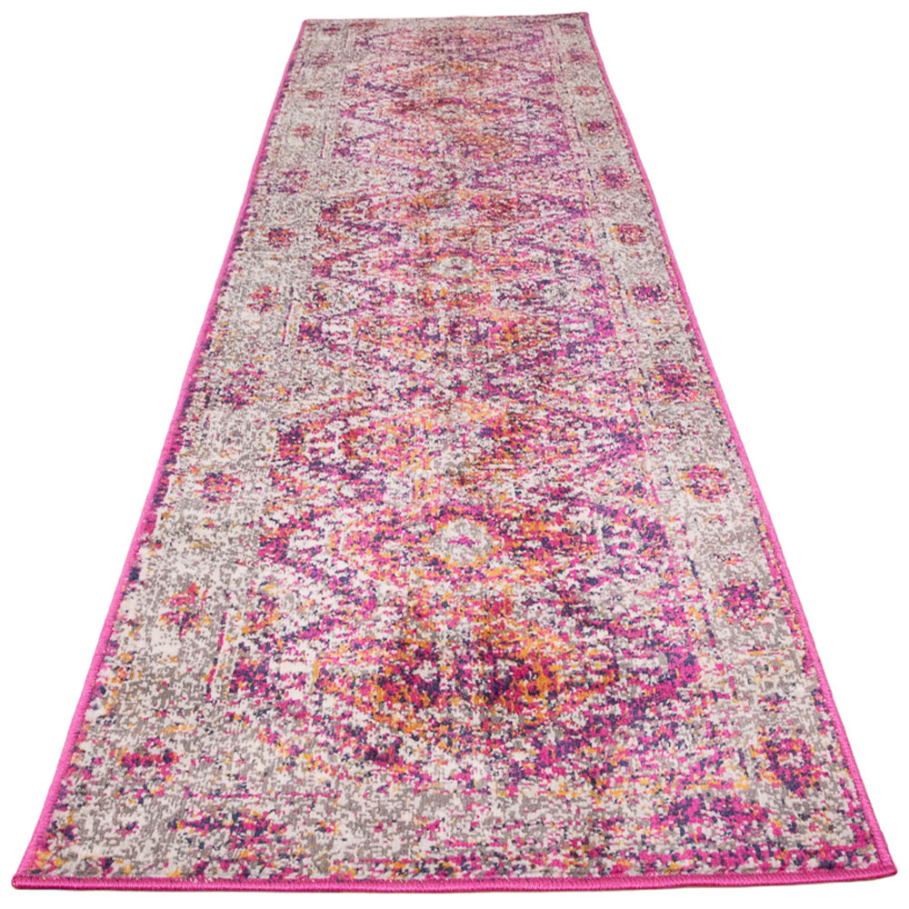 Kukoon Pink and Grey Bordered Geometric Distressed Rug 240 x 60cm Image 1