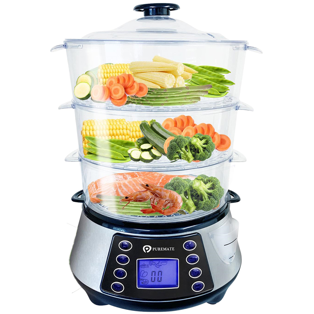 PureMate Silver Digital 3 Tier Electric Food Steamer with Rice Bowl 11.5L Image 1