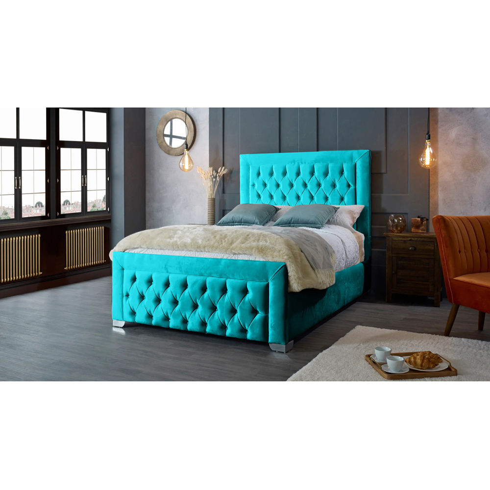Eleganza Home Gelson King Size Teal Plush Velvet Bed Frame with Chesterfield Headboard Image 2