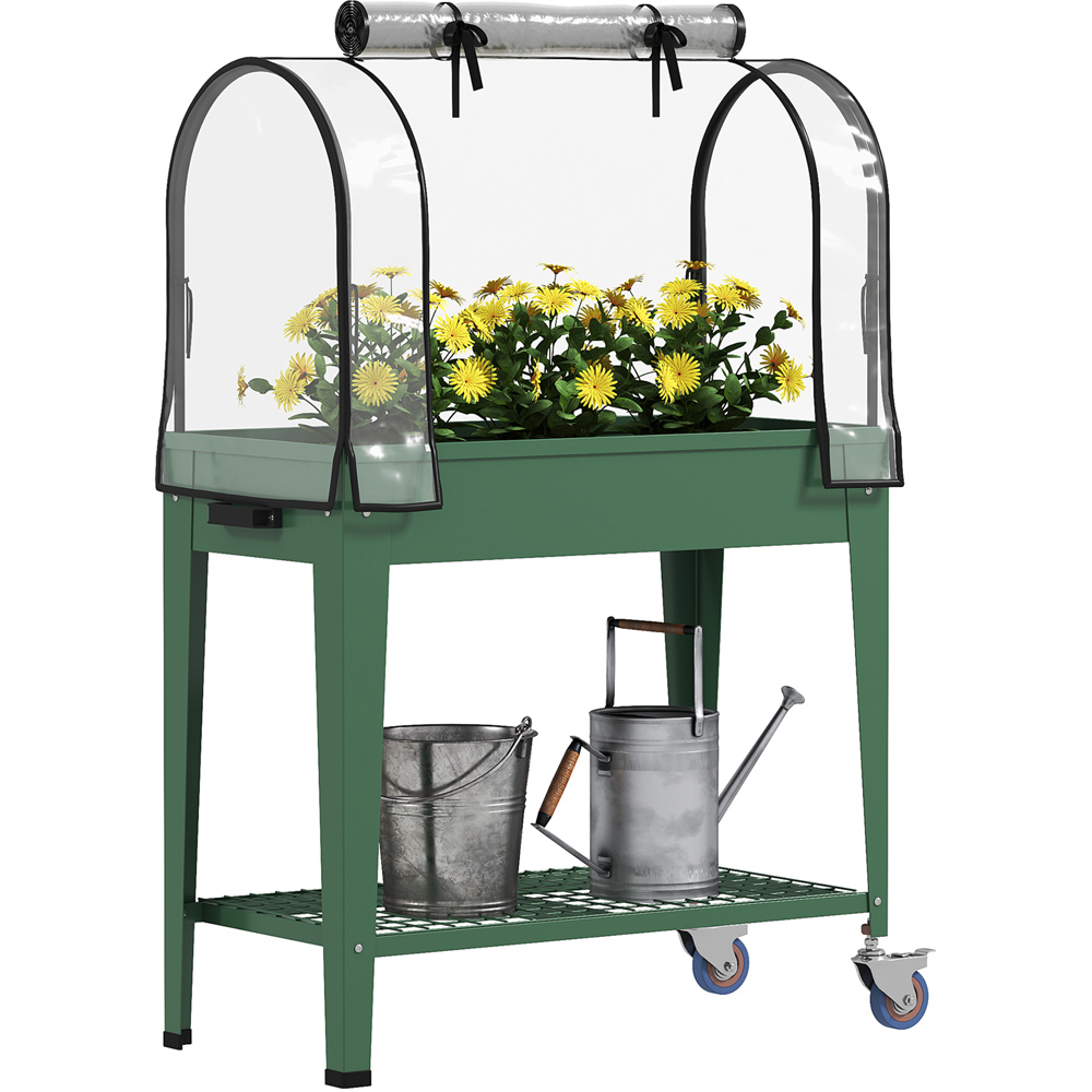 Outsunny Green Mobile Raised Garden Bed with Greenhouse Cover 1.3 x 2.6ft Image 1