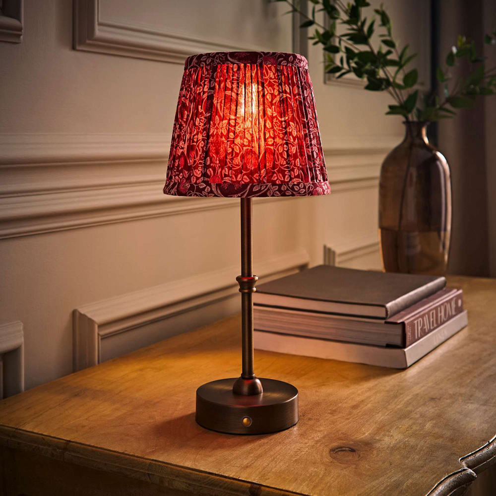 ValueLights Lowe Burgundy Floral Pleated Shade Brass Rechargeable Table Lamp with Bulb Image 2