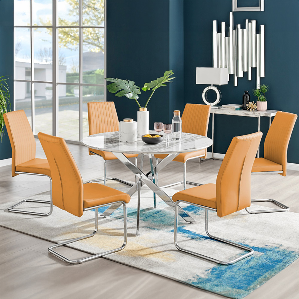Furniturebox Arona Fortana Marble Effect 6 Seater Round Dining Set White Chrome and Mustard Image 1