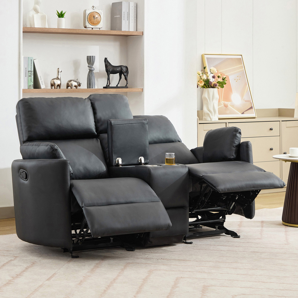 Artemis Home Hudson 2 Seater Black Leather Rocker Manual Recliner Sofa with Centre Console Image 6