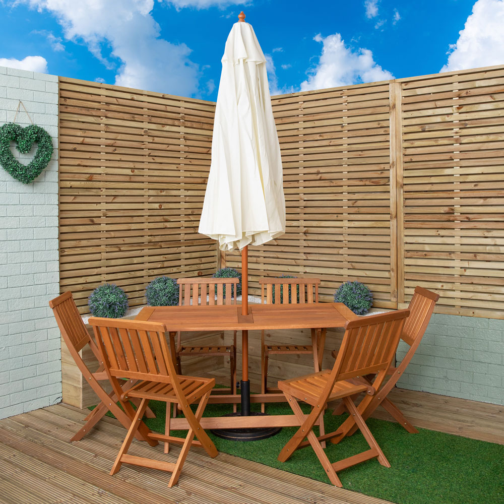 Samuel Alexander 6 Seater Wooden Rectangular Foldable Dining Set with Cream Parasol and Base Image 9