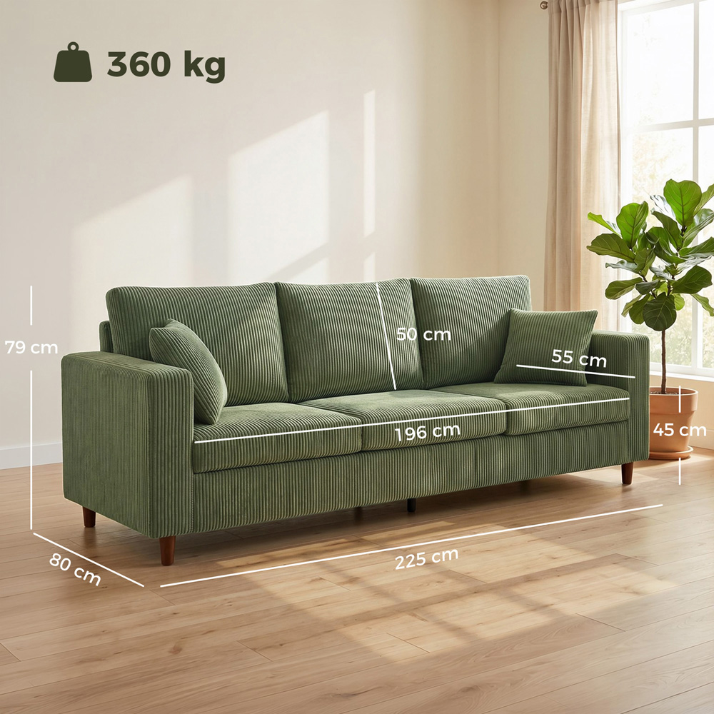 HOMCOM 3 Seater Green Corduroy Upholstered Wide Seat Sofa Image 8