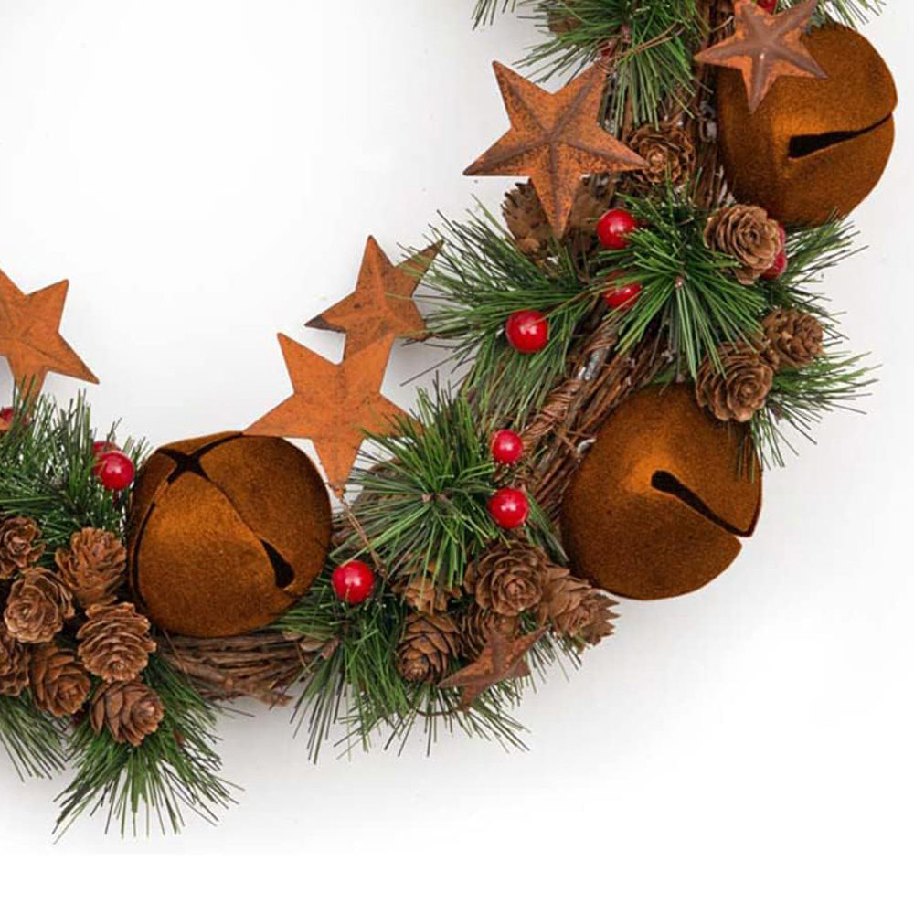 Shatchi Christmas Wreath with Brown Bells Stars Pine Cones Berries and Leaves 1.31ft Image 2