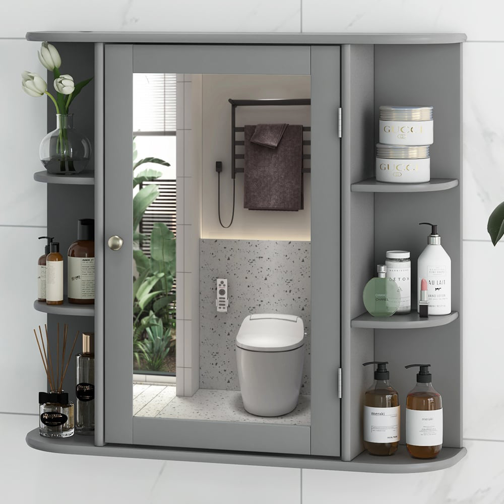 Costway Single Door 6 Shelf Grey Mirrored Bathroom Cabinet Image 1