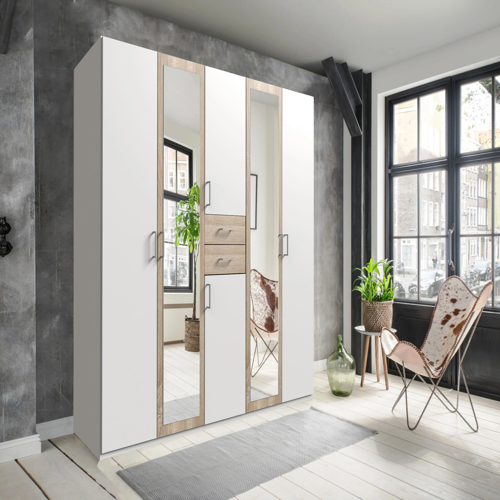 TJ'S Bristol 6 Door 2 Drawer White and Oak Mirrored Wardrobe Image 4