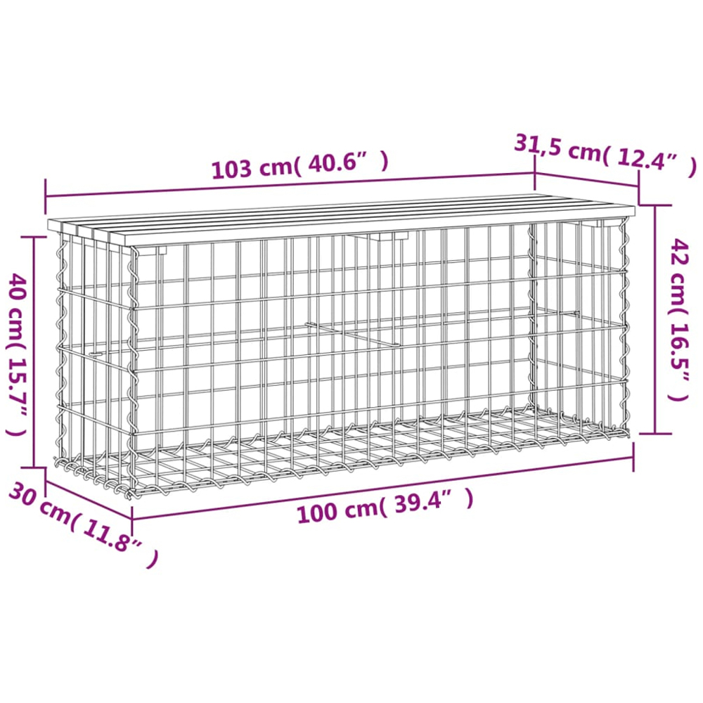 vidaXL Brown Solid Impregnated Pine Wood Gabion Design Garden Bench 103 x 31.5 x 42cm Image 7