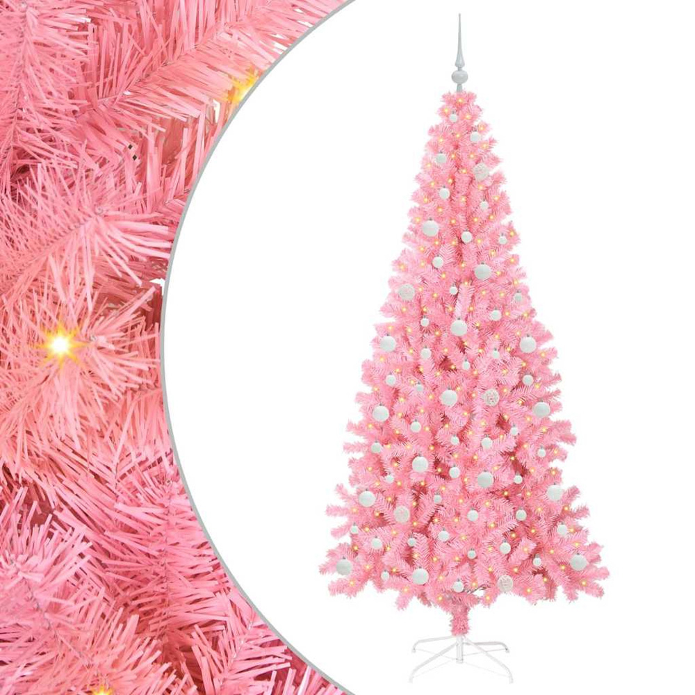 vidaXL Pre-Lit White Baubles Pink Artificial Christmas Tree 7ft Image 2