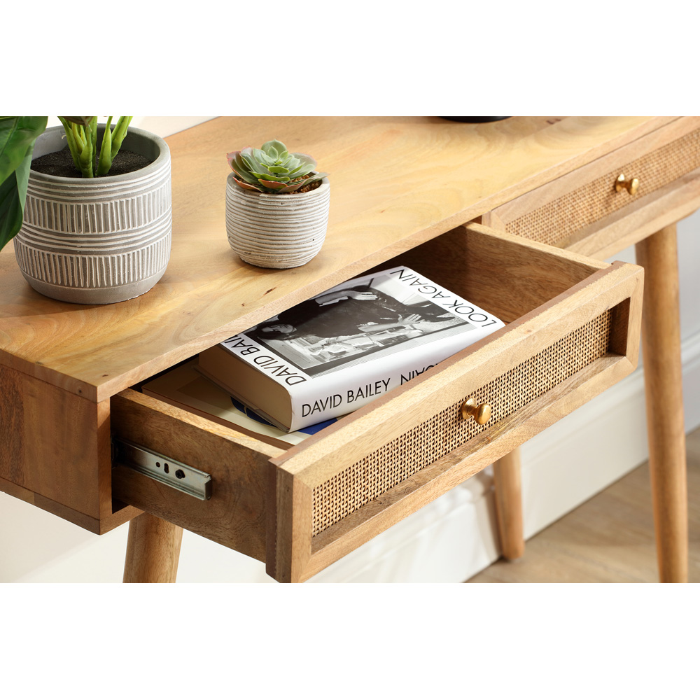 Desser Manhattan 2 Drawer Natural Mango Wood and Rattan Console Table Image 5