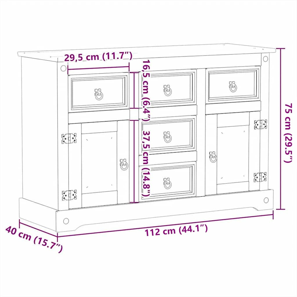 vidaXL Corona 2 Door 5 Drawer Solid Pine Wood Sideboard Image 9