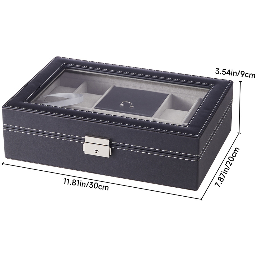 H&O Direct 8 Slot Black PU Leather Watch Display Box with Ring Slots Image 5